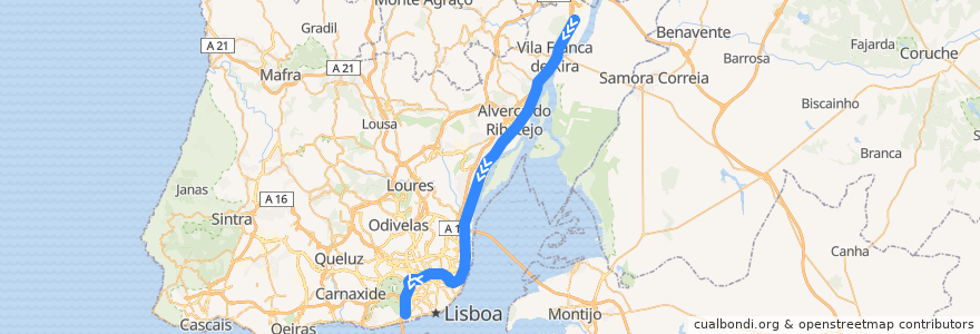 Mapa del recorrido Linha da Azambuja: Castanheira do Ribatejo → Alcântara-Terra de la línea  en Lissabon.