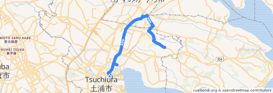 Mapa del recorrido 関鉄観光バス 土浦駅⇒真鍋新町中央・大塚団地⇒神立駅・湖北高校 de la línea  en 土浦市.