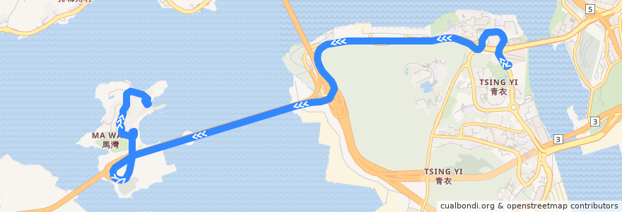 Mapa del recorrido Bus NR330 (MTR Tsing Yi Station → Park Island) de la línea  en 홍콩.