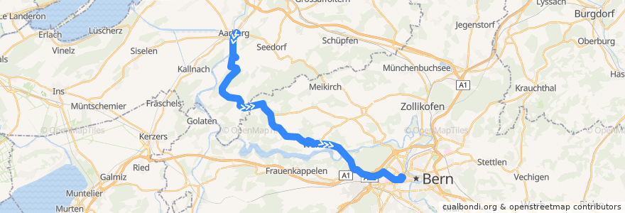 Mapa del recorrido Bus 100: Aarberg Post/Bahnhof -> Bern Hauptbahnhof de la línea  en Bern/Berne.