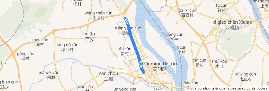 Mapa del recorrido 高明有轨电车(沧江路-智湖) de la línea  en 高明区.