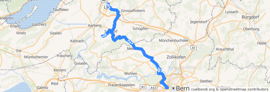 Mapa del recorrido Bus 105: Lyss Bahnhof -> Bern Hauptbahnhof de la línea  en 伯尔尼 / 伯恩 / 伯爾尼.