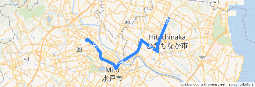 Mapa del recorrido 茨城交通バス34系統 勝田営業所・勝田駅⇒水戸駅⇒茨大前営業所 de la línea  en إيباراكي.