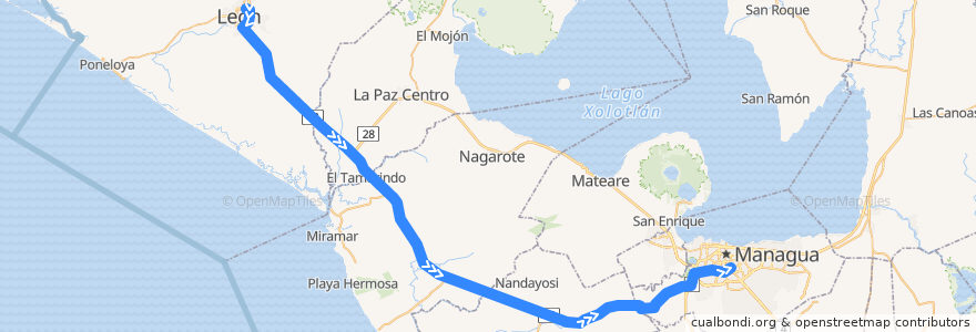 Mapa del recorrido Microbus Expreso: León => Managua de la línea  en Nicaragua.