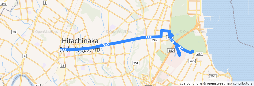 Mapa del recorrido 茨城交通バス 勝田駅⇒中央研修所⇒海浜公園南口 de la línea  en ひたちなか市.