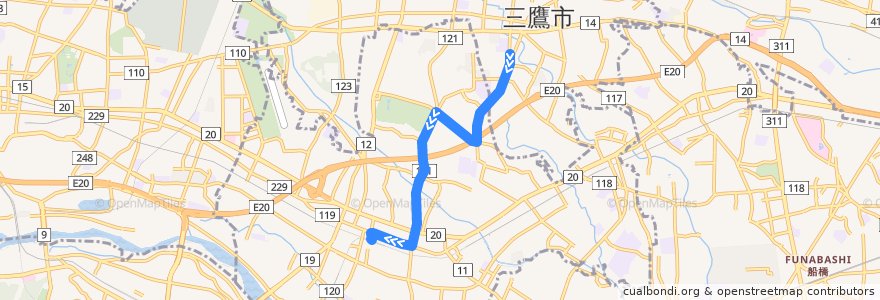 Mapa del recorrido Bus 調35 杏林大学病院前->調布駅北口　(平日) de la línea  en Tokyo.