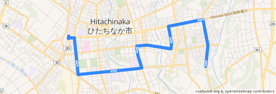 Mapa del recorrido 茨城交通バス21系統 東中根・本郷台団地⇒薬師台⇒勝田駅 de la línea  en ひたちなか市.