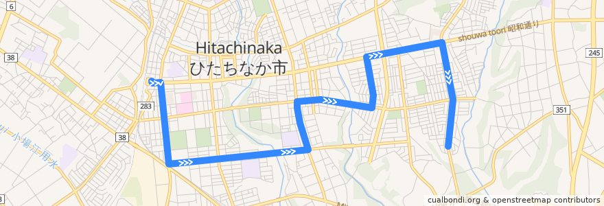 Mapa del recorrido 茨城交通バス21系統 勝田駅⇒薬師台⇒本郷台・東中根団地 de la línea  en ひたちなか市.