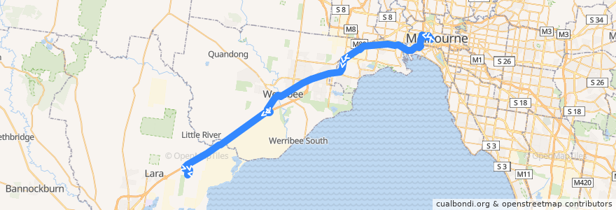 Mapa del recorrido Bus SkyBus: Melbourne (Southern Cross Station) => Avalon Airport (AVV) de la línea  en Melbourne.