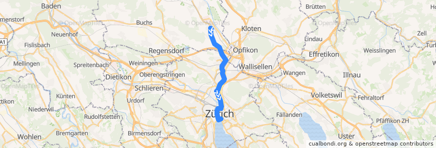 Mapa del recorrido Bus N6: Rümlang → Bellevue de la línea  en Zürich.