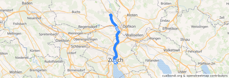 Mapa del recorrido Bus N6: Bellevue → Rümlang de la línea  en Zurich.