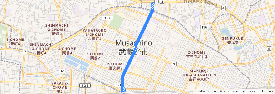 Mapa del recorrido Bus 鷹1 北裏->三鷹駅北口 de la línea  en 武蔵野市.