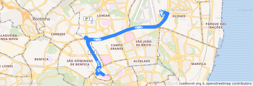 Mapa del recorrido AeroBus 2 de la línea  en Lisboa.