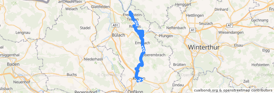 Mapa del recorrido Bus N52: Kloten, Bahnhof => Teufen ZH, Unterteufen de la línea  en Bezirk Bülach.