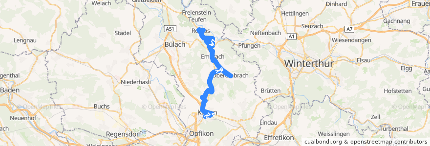 Mapa del recorrido Bus N52: Kloten, Bahnhof => Freienstein, Alte Brücke de la línea  en Bezirk Bülach.