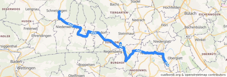 Mapa del recorrido Bus N51: Oberglatt ZH, Bahnhof => Schneisingen, Zentrum de la línea  en Bezirk Dielsdorf.