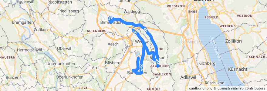 Mapa del recorrido Bus N23: Birmensdorf, Bahnhof => Bonstetten-Wettswil, Bahnhof de la línea  en Bezirk Affoltern.