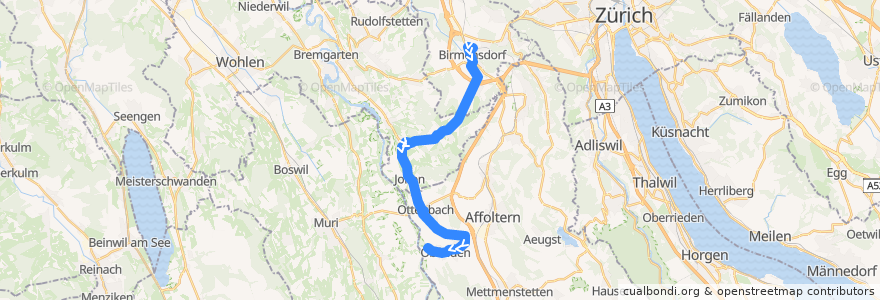 Mapa del recorrido Bus N22: Birmensdorf, Bahnhof => Obfelden, Unterlunnern de la línea  en Schweiz/Suisse/Svizzera/Svizra.