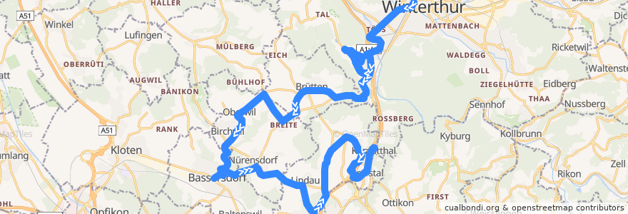 Mapa del recorrido Bus N66: Winterthur Hauptbahnhof → Kemptthal de la línea  en Zürich.