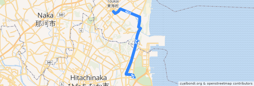 Mapa del recorrido 茨城交通バス 海浜公園西口⇒茨城東病院・虚空蔵尊前⇒東海駅東口 de la línea  en 이바라키현.