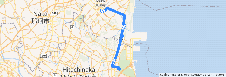 Mapa del recorrido 茨城交通バス 東海駅東口⇒虚空蔵尊前・茨城東病院⇒海浜公園西口 de la línea  en 茨城県.