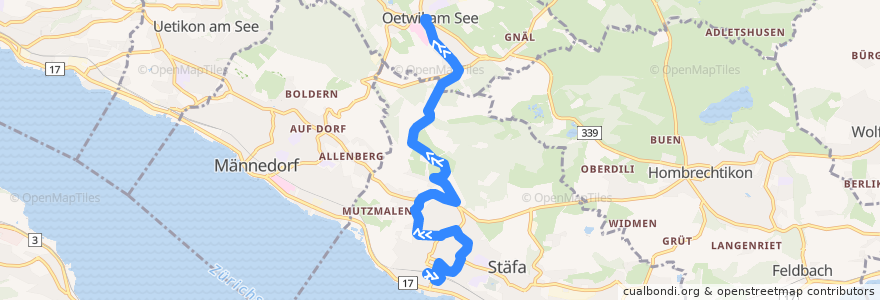 Mapa del recorrido Bus 950: Stäfa, Bahnhof => Oetwil am See, Zentrum de la línea  en Stäfa.