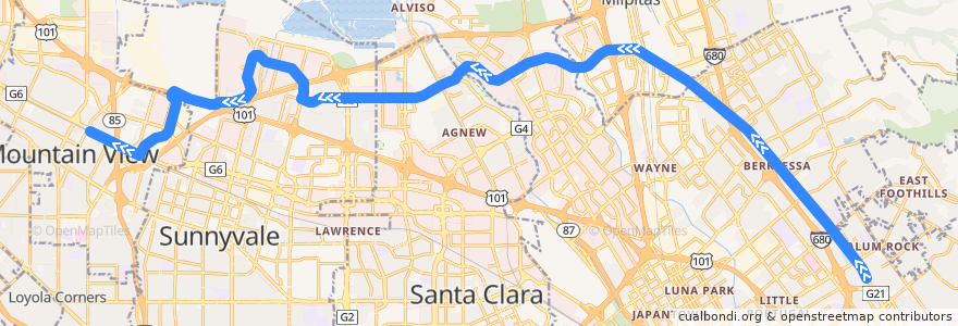 Mapa del recorrido Orange Line: Alum Rock => Mountain View de la línea  en Santa Clara County.
