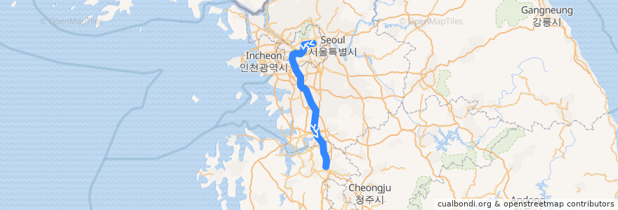 Mapa del recorrido 수도권 전철 1호선 경부·장항 계통: 청량리 → 천안 급행 de la línea  en Corea del Sur.