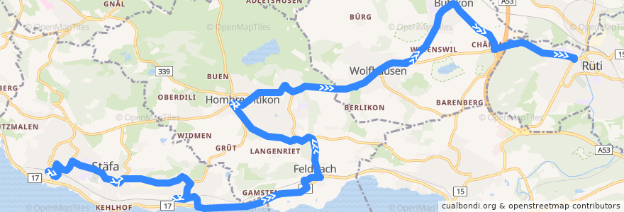 Mapa del recorrido Bus N95: Stäfa, Bahnhof => Rüti ZH, Rekrutierungszentrum de la línea  en チューリッヒ.