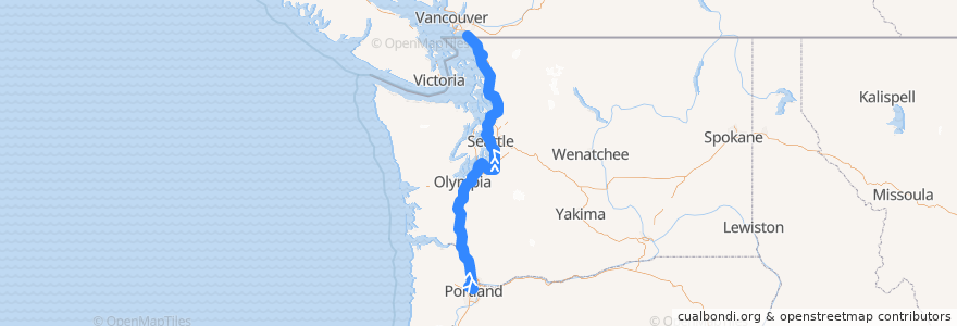 Mapa del recorrido Amtrak Cascades: Portland => Vancouver de la línea  en Washington.