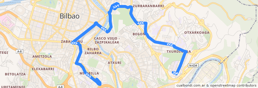 Mapa del recorrido 30 Txurdinaga → Miribilla de la línea  en Bilbao.