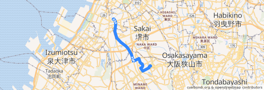 Mapa del recorrido 212V: 津久野駅前-泉ヶ丘駅 de la línea  en Sakai.