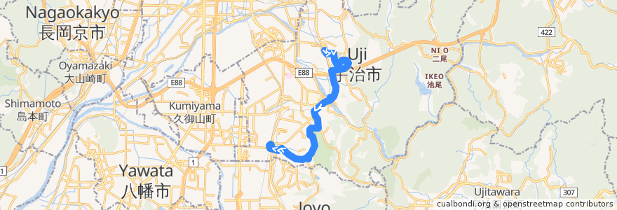 Mapa del recorrido 京都京阪バス250A JR黄檗駅-->近鉄大久保 de la línea  en 宇治市.