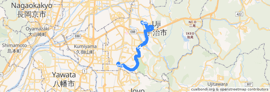 Mapa del recorrido 京都京阪バス250 JR黄檗駅-->近鉄大久保 de la línea  en Uji.