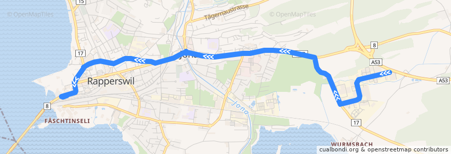 Mapa del recorrido Bus 621: Jona, Buech Industrie => Rapperswil SG, Bahnhof de la línea  en Rapperswil-Jona.