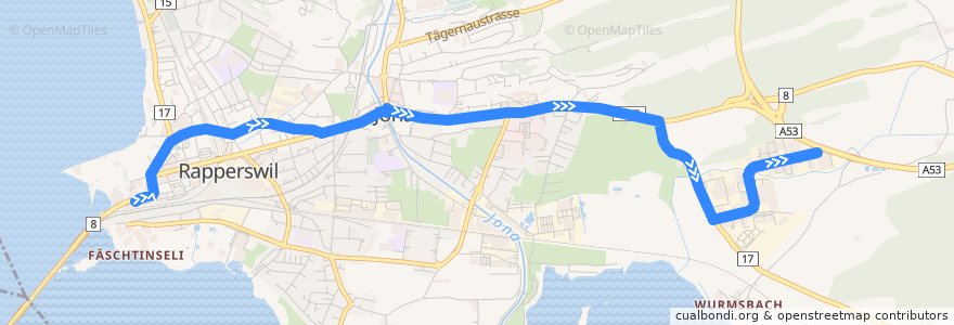 Mapa del recorrido Bus 621: Rapperswil SG, Bahnhof => Jona, Buech Industrie de la línea  en Rapperswil-Jona.