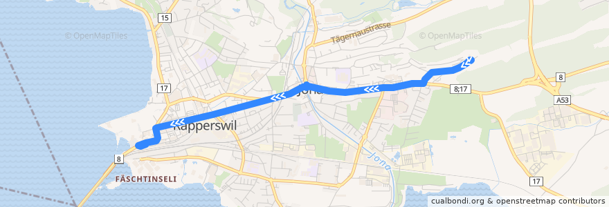 Mapa del recorrido Bus 995: Jona, Hummelberg => Rapperswil, Bahnhof de la línea  en Rapperswil-Jona.