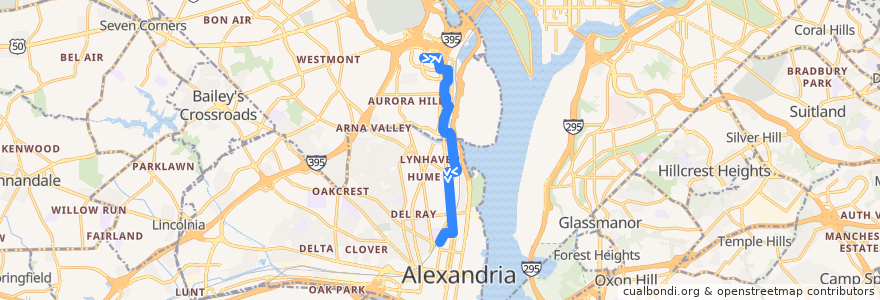 Mapa del recorrido WMATA MW1 Metroway-Potomac Yard Line South de la línea  en Virginia.