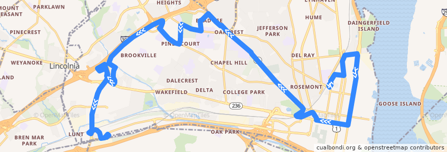 Mapa del recorrido DASH AT5 West de la línea  en Alexandria.