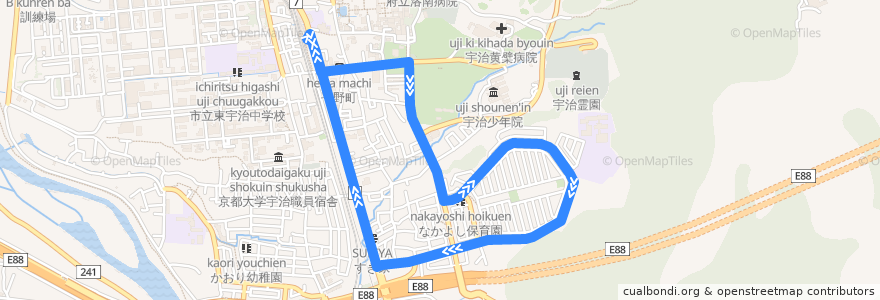 Mapa del recorrido 京都京阪バス109右回り JR黄檗駅-->平野町-->隼上り-->JR黄檗駅 de la línea  en 宇治市.