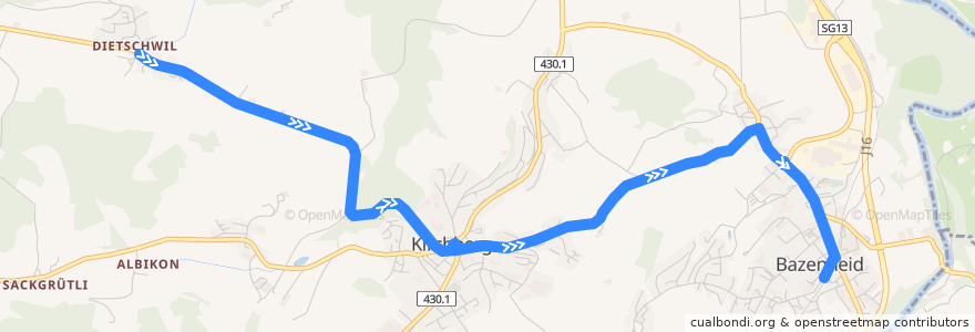 Mapa del recorrido Bus 761: Dietschwil bei Kirchberg => Bazenheid, Bahnhof de la línea  en Kirchberg (SG).