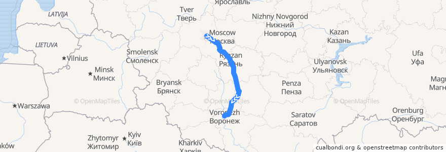 Mapa del recorrido Поезд № 740Ж: Москва — Воронеж de la línea  en Центральный федеральный округ.