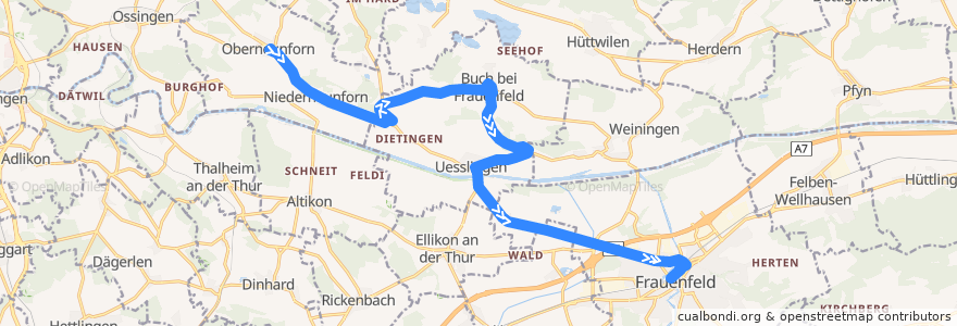 Mapa del recorrido Bus 822: Oberneunforn, Gemeindehaus => Frauenfeld, Bahnhof de la línea  en Bezirk Frauenfeld.