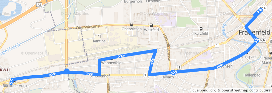 Mapa del recorrido Bus 22: Sandbüel => Bahnhof de la línea  en Bezirk Frauenfeld.