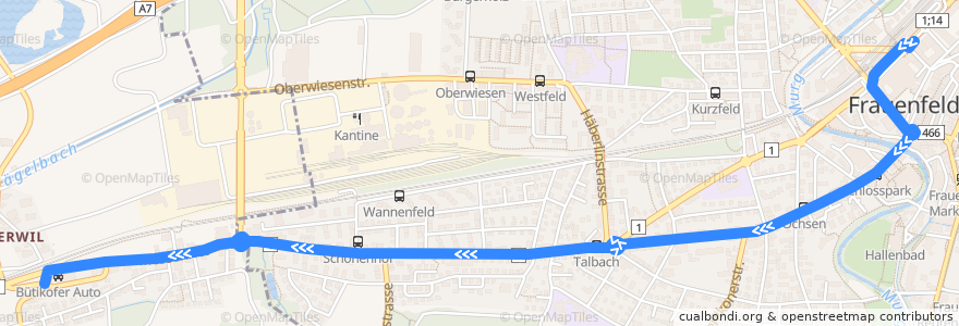 Mapa del recorrido Bus 22: Bahnhof => Sandbüel de la línea  en Bezirk Frauenfeld.