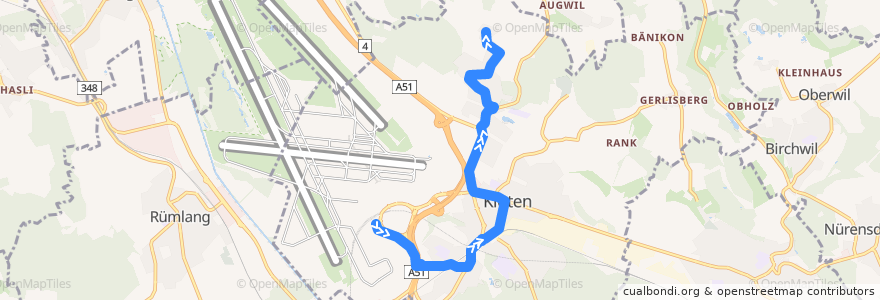 Mapa del recorrido Bus 732: Zürich Flughafen, Bahnhof -> Egetswil, Dorf de la línea  en Kloten.