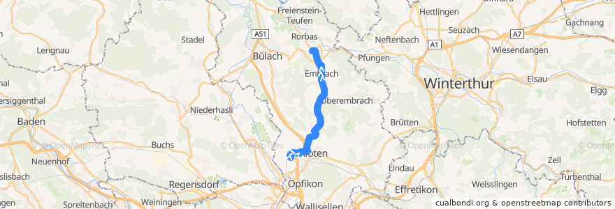 Mapa del recorrido Bus 520: Zürich Flughafen, Bahnhof => Embrach-Rorbas, Bahnhof de la línea  en Bezirk Bülach.