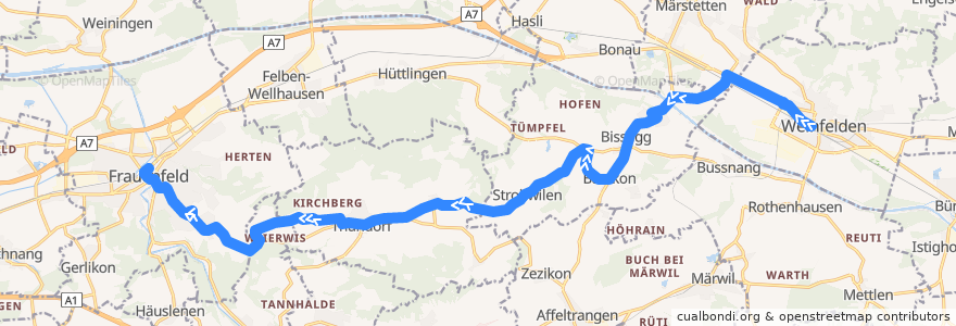 Mapa del recorrido Bus 838: Weinfelden, Bahnhof => Frauenfeld, Bahnhof de la línea  en Thurgau.