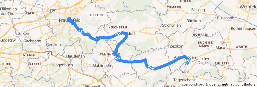 Mapa del recorrido Bus 837: Tobel-Affeltrangen, Bahnhof => Frauenfeld, Bahnhof de la línea  en Thurgau.