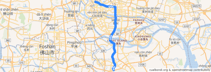 Mapa del recorrido 节假日公交专线2路[广州火车站(草暖公园)总站-大夫山北门] de la línea  en Гуанчжоу.